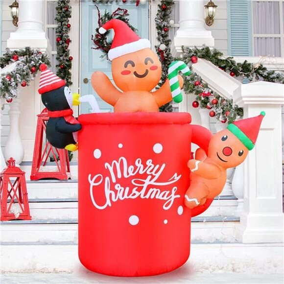 6Ft Inflatable Gingerbread Man in Cocoa Mug with Little Penguin -with LED Lights - Picture 2 of 7